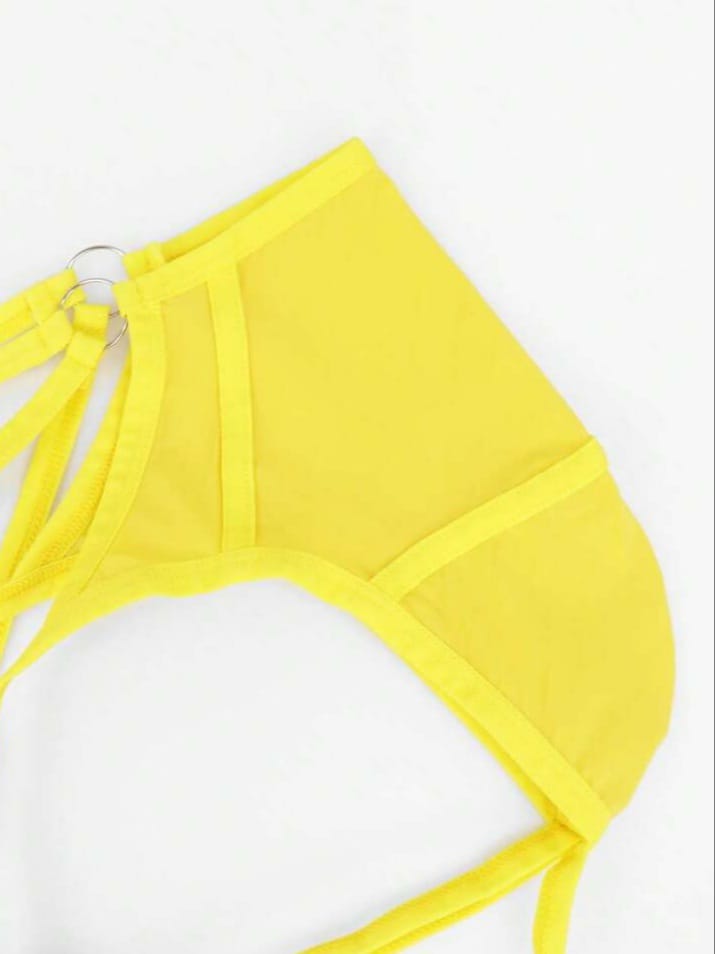 Lace Up Breathable Minimalist Geometric Print Decorative Ring Yellow Thong Underwear